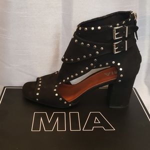 MIA Black Suede Cage Open Toe Block Heels